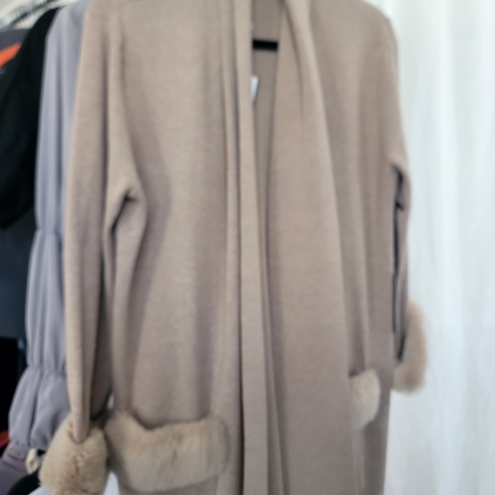 Max Studio Tan Cardigan with Fur Trim